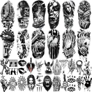 77 Sheets Temporary Tattoo For Men Women, Black Scary Skull Skeleton Knife Rose